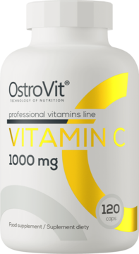 Biała butelka OstroVit Witamina C 1000 mg z etykietą z dużym, złotym 'C', 120 kapsułek, widok frontalny.