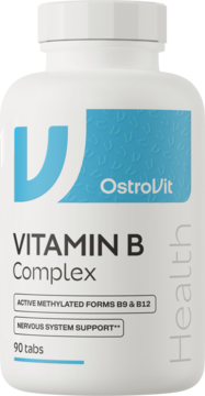 OstroVit Vitamin B Complex, biała butelka 90 tabs, wsparcie układu nerwowego, aktywne formy B9 i B12, widok z przodu.