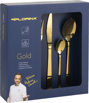 Złote sztućce Florina Gold: nóż, duża i mała łyżka w ciemnoniebieskim pudełku z logo i wizerunkiem kucharza.