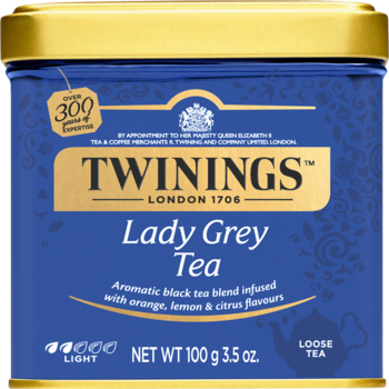 Niebieska puszka Twinings Lady Grey Tea, czarna herbata liściasta z cytrusami i skórką pomarańczy, widok z przodu.