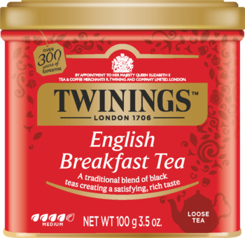 Czerwono-złota puszka herbaty liściastej Twinings English Breakfast Tea 100g, widok z przodu.