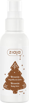 Ziaja Brownie Body Mist, biała butelka z brązową choinką świąteczną, widok z przodu, zapach brownie.