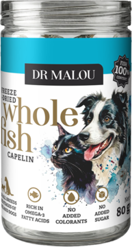 DR MALOU freeze-dried capelin dla psów i kotów. Karma uzupełniająca z ryb, w przezroczystym słoiku 80g, widok z przodu.