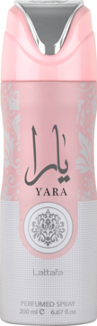 Lattafa Yara perfumed spray, różowo-biała butelka 200ml, elegancki design z arabskim napisem, widok z przodu.