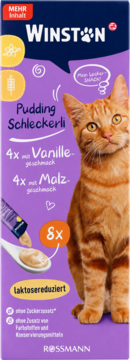 Winston Pudding Schleckerli dla kota, 8x (4x wanilia, 4x słód), laktoza zredukowana, z rudym kotem.