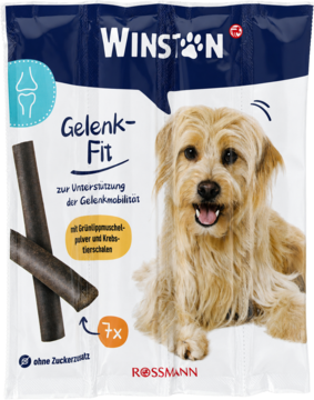 Granulki WINSTON Gelenk-Fit dla psa na stawy, niebiesko-białe opakowanie z psem i dwoma ciemnymi gryzakami. Widok z przodu.