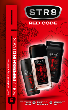 STR8 Red Code zestaw dla mężczyzn: dezodorant, body fragrance i żel pod prysznic na tle smoka, widok z przodu.