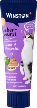 Fioletowa tubka Winston Leberwurst (kiełbasa wątrobiana) dla kota z ilustracją kota, wątróbki i pietruszki.