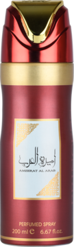Czerwono-złoty dezodorant LATTAFA Ameerat Al Arab, 200 ml, z ozdobnym korkiem, widok z przodu.