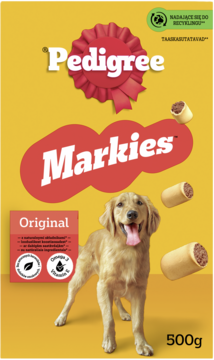 Żółte opakowanie Pedigree Markies Original 500g dla psa, z Golden Retrieverem i chrupiącymi przysmakami, widok z przodu.