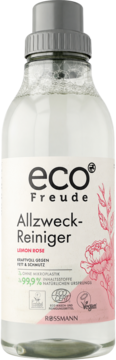 Przeźroczysta butelka Eco Freude Allzweck-Reiniger Lemon Rose z różowymi kwiatami na etykiecie, widok z przodu.