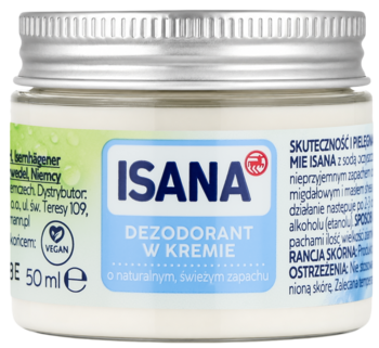 Isana dezodorant w kremie 50ml, biały słoiczek ze srebrną nakrętką, z naturalnym, świeżym zapachem, widok z przodu.