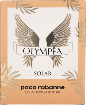 Paco Rabanne Olympéa Solar Eau de Parfum Intense, beżowe pudełko z białym panelem i złotym skrzydlatym logo, widok z przodu.