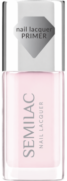 Semilac Blur Base, różowy primer do paznokci 2 w 1. Butelka z napisem "nail lacquer PRIMER" na srebrnej zakrętce.