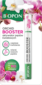 B'OPON ORCHID BOOSTER aktywator pędów do storczyków, w białym opakowaniu z różowymi orchideami, widok z przodu.