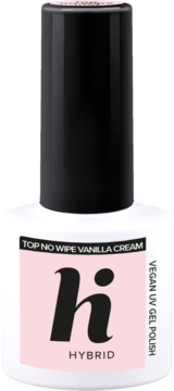 Biała butelka hi hybrid Top No Wipe Vanilla Cream, różowa etykieta z czarnym napisem, widok z przodu.