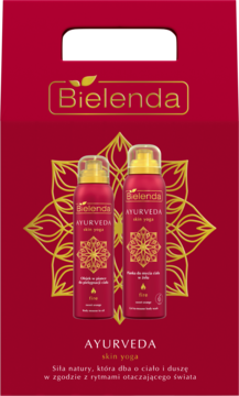 Bielenda Ayurveda Skin Yoga zestaw prezentowy w czerwonym opakowaniu ze złotym wzorem i dwoma czerwonymi sprayami do ciała.