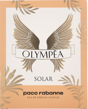 Paco Rabanne Olympea Solar EDP Intense, jasnopomarańczowe pudełko ze złotymi skrzydłami i napisem OLYMPÉA. Widok z przodu.