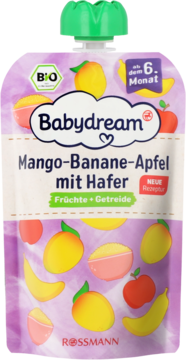 Babydream mus owocowy BIO Mango-Banan-Jabłko z owsem, w saszetce dla dzieci od 6 miesięcy, widok z przodu.