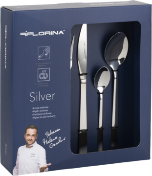 Zestaw sztućców Florina Silver, widok z przodu. W granatowym pudełku nóż, łyżka i łyżeczka, srebrne z czarnymi rączkami.