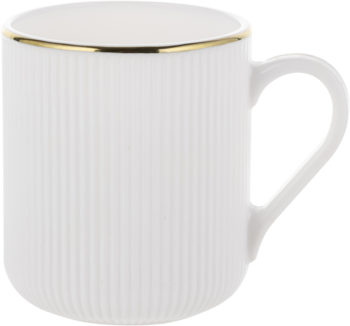 Biały ceramiczny kubek z pionowymi żłobieniami i złotym rantem, uchwyt po prawej stronie, widok z boku.