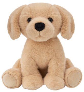 Beżowy pluszowy szczeniak Golden Retriever, siedzący frontalnie, z miękką sierścią, czarnym nosem i brązowymi oczami.