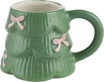 Zielony ceramiczny kubek świąteczny w kształcie choinki z różowymi kokardkami, zbliżenie z przodu pod kątem.
