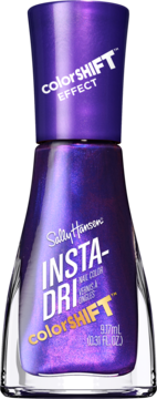 Sally Hansen Insta-Dri ColorShift purple metallic nail polish in a bottle, with white and gold text.