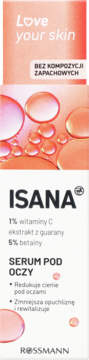 Isana Serum pod oczy z witaminą C i guaraną, bezzapachowe. Pionowe opakowanie z różowymi kroplami.