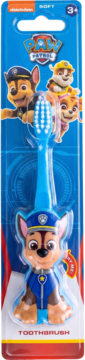 Szczoteczka do zębów Paw Patrol, niebieska, z figurką 3D Chase'a, włosie SOFT, 3+, w blistrze, widok z przodu.