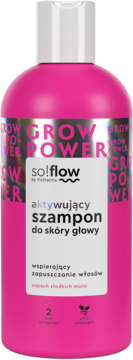 Różowy szampon so!flow aktywujący do skóry głowy wspierający wzrost włosów o zapachu słodkich malin, przód.