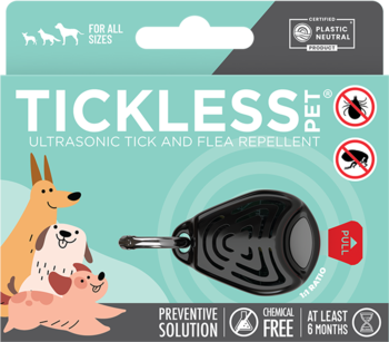 Tickless Pet ultradźwiękowy odstraszacz kleszczy i pcheł, czarne urządzenie na niebieskim pudełku, z psami.