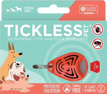 Tickless Pet ultradźwiękowy odstraszacz kleszczy dla wszystkich rozmiarów, pomarańczowy na turkusowym opakowaniu.