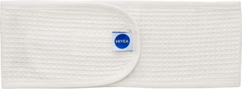 Biała, teksturowana opaska Nivea na włosy z okrągłym niebieskim logo, widok z góry.