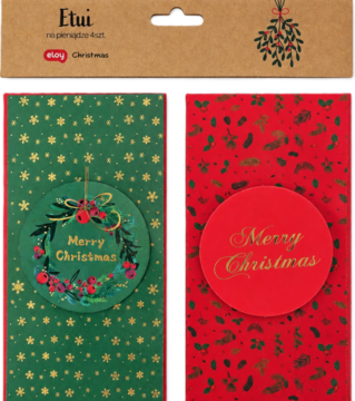 Zestaw 4 eleganckich etui na gotówkę: zielone i czerwone ze złotymi wzorami i napisem Merry Christmas, widok z góry.