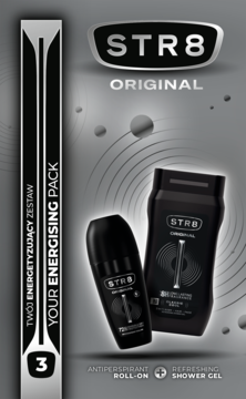 STR8 Original energising pack: czarny dezodorant roll-on i żel pod prysznic na tle w srebrne koła.