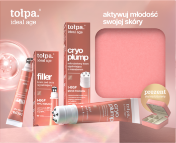 Zestaw Tolpa Ideal Age: kremy Cryo Plump (z masażerem) i Filler w tubkach i opakowaniach, oraz różowy prezent. Na tle peach.