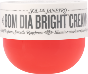 Krem Sol de Janeiro Bom Dia Bright Cream, rozświetlający, w koralowo-czerwonym słoiczku z białą nakrętką, widok z góry.