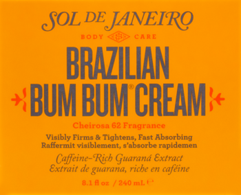 Sol de Janeiro Brazilian Bum Bum Cream, pomarańczowe opakowanie z ciemnym tekstem. Ujędrniający krem do ciała z guaraną.