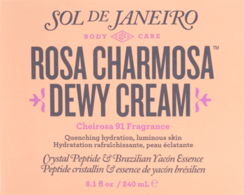 Sol de Janeiro Rosa Charmosa Dewy Cream, brzoskwiniowy krem do ciała z peptydami, Cheirosa 91, widok opakowania z przodu.