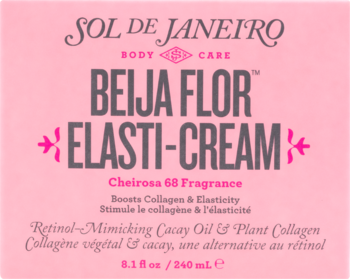 Różowy krem do ciała Sol de Janeiro Beija Flor Elasti-Cream Cheirosa 68, widok z przodu etykiety.