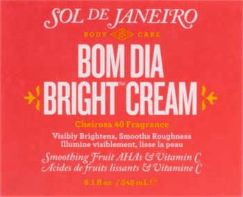 Czerwone opakowanie SOL DE JANEIRO Bom Dia Bright Cream z białymi napisami i żółtymi akcentami, widok z przodu.