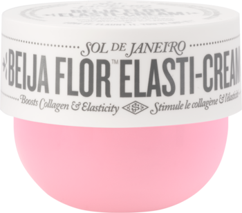 Sol de Janeiro Beija Flor Elasti-Cream, różowy krem do ciała w okrągłym słoiku z białą pokrywką, widok z przodu.
