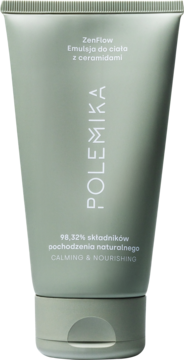 ZenFlow Emulsja do ciała Polemika z ceramidami, szarozielona tuba, widok przodem, 98,32% składników naturalnych.