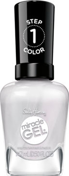 Biały lakier do paznokci Sally Hansen Miracle Gel w butelce z czarną nakrętką, widok z przodu. Na nakrętce "STEP 1 COLOR".