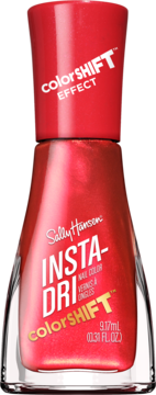 Czerwony, metaliczny lakier do paznokci Sally Hansen Insta-Dri ColorShift, butelka, widok z przodu.