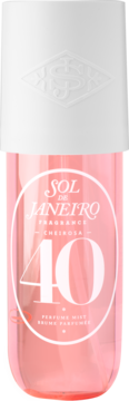 Mgiełka perfumowana Sol de Janeiro Cheirosa 40, różowy płyn w butelce, biała etykieta, widok z przodu.