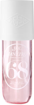 Mgiełka Sol de Janeiro Cheirosa 68 w różowej butelce z białym korkiem i wytłoczonym logo, frontalne ujęcie.