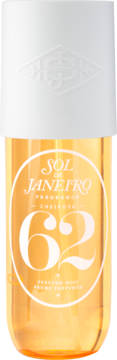 Mgiełka Sol de Janeiro Cheirosa '62, bursztynowa butelka, biała nakrętka z logo SDJ, widok z przodu.