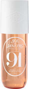 Sol de Janeiro Cheirosa 91 Perfume Mist, brzoskwiniowa mgiełka w przezroczystej butelce, biała etykieta, widok z przodu.